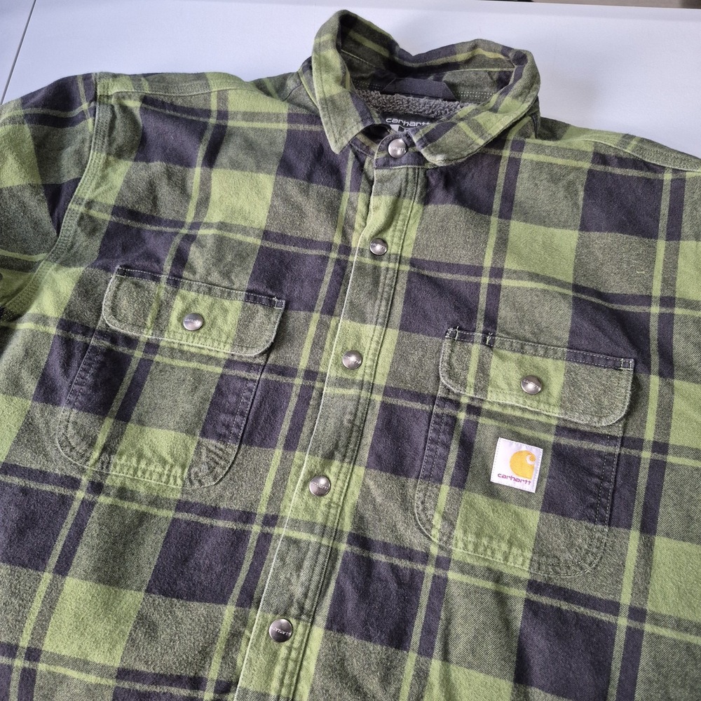 Carhartt Flannel Shirt Jacket Mens 2XL Green Buffalo Check Sherpa‎ Lined Shacket